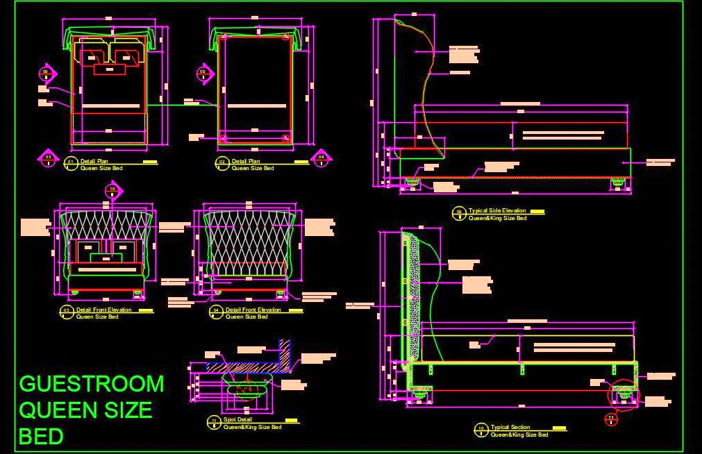 Hotel Queen Bed Design with Tufted Wingback - DWG File